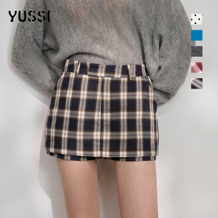 YUSSI2026春夏新款 超好看包臀显瘦半身裙子 灰色格子短裙女a字裙裤