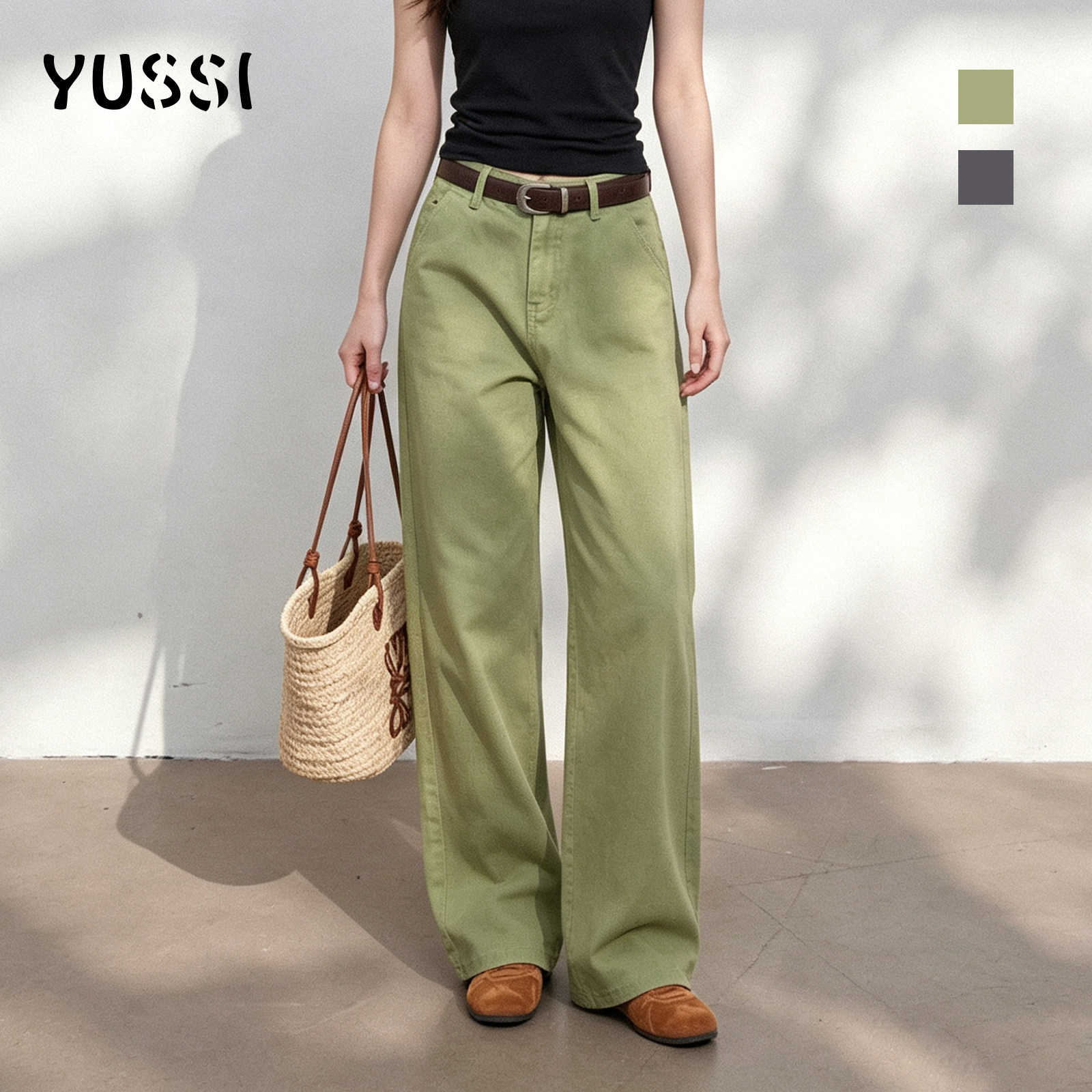 YUSSI浅绿柔调阔腿牛仔裤女款秋季新款直筒宽松水洗百搭复古长裤图片