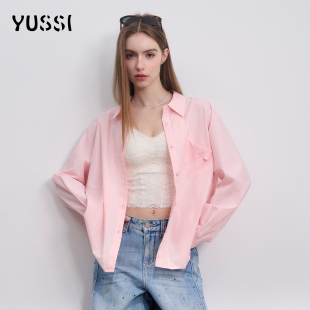 宽松长袖 春装 衬衣减龄上衣 外套2026年新款 YUSSI女士刺绣粉色衬衫