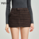YUSSI气质西装 假两件羊毛格纹毛呢半身裙秋冬刺绣高腰a字保暖裤 裙