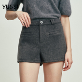 a字毛呢保暖裤 YUSSI灰色绵羊毛高腰短裤 女秋冬加厚休闲打底短裤 子