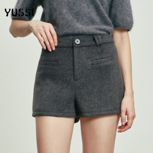 YUSSI灰色绵羊毛高腰短裤女秋冬加厚休闲打底短裤a字毛呢保暖裤子