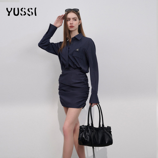 YUSSI早春长袖条纹衬衣连衣裙女2026新款短款褶皱法式衬衫包臀裙