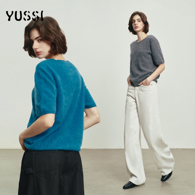 YUSSI高级羊绒圆领针织拉绒短袖女秋季简约气质百搭纯色羊毛衫