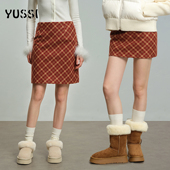 YUSSI美式 复古红色格子毛呢半裙秋冬保暖高腰a字短裙显腿长包臀裙