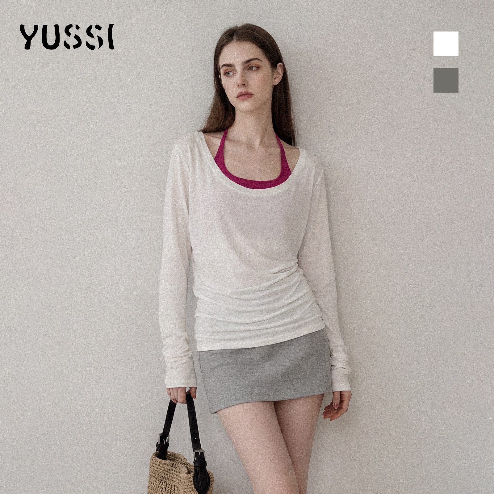 YUSSI云间叠影真两件防晒罩衫T恤女夏季新款搭配挂脖修身小背心图片