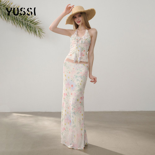YUSSI夏新款碎花网纱挂脖吊带背心套装女中长款包臀半身裙两件套