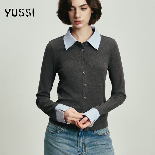 拼接高智感撞色衬衫领长袖开衫