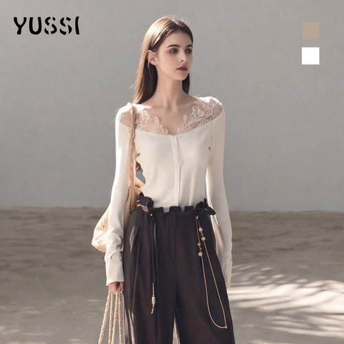YUSSI云间蕾丝法式蕾丝拼接针织衫秋季女新款一字肩露肩显瘦上衣