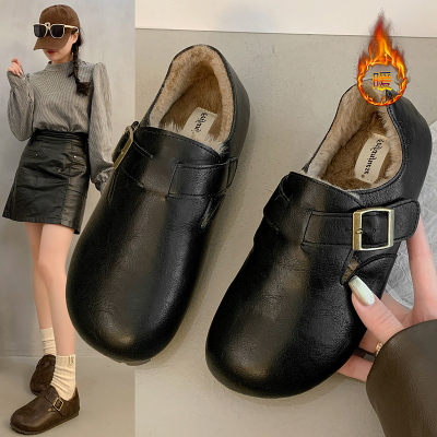 厚底勃肯鞋女2025新款冬季皮面防水黑色全包加绒软底乐福博肯单鞋