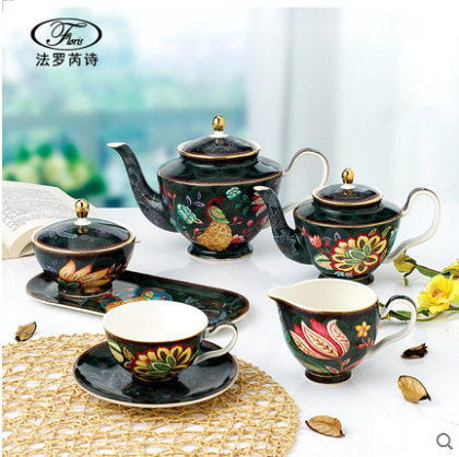 孔雀绿宫廷金边茶具送礼泡茶套装西餐盘子碟子家用陶瓷餐具轻奢