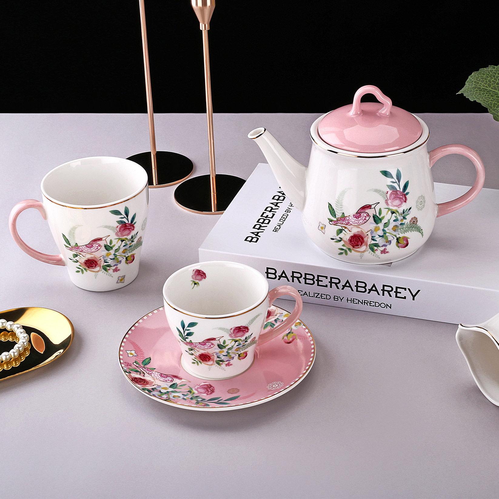法罗芮诗韩式下午茶茶具马克杯咖啡杯西餐盘子茶壶糖奶缸韩式小鸟