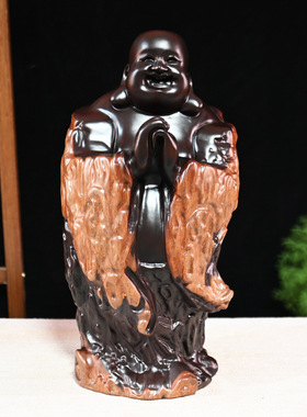 黑檀实木雕-白皮位置随机-恭喜发财弥勒佛大号招财大肚笑佛