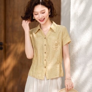 中年妈妈夏装天丝短袖衬衫2026新款洋气质肌理感遮肚衬衣两件套装