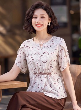 新款洋气中老年宽松印花小衫套装