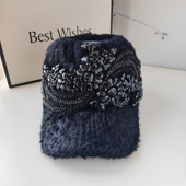 个性 重工水钻空顶帽女冬加绒保暖毛绒护耳针织棒球帽时尚 漏顶帽子