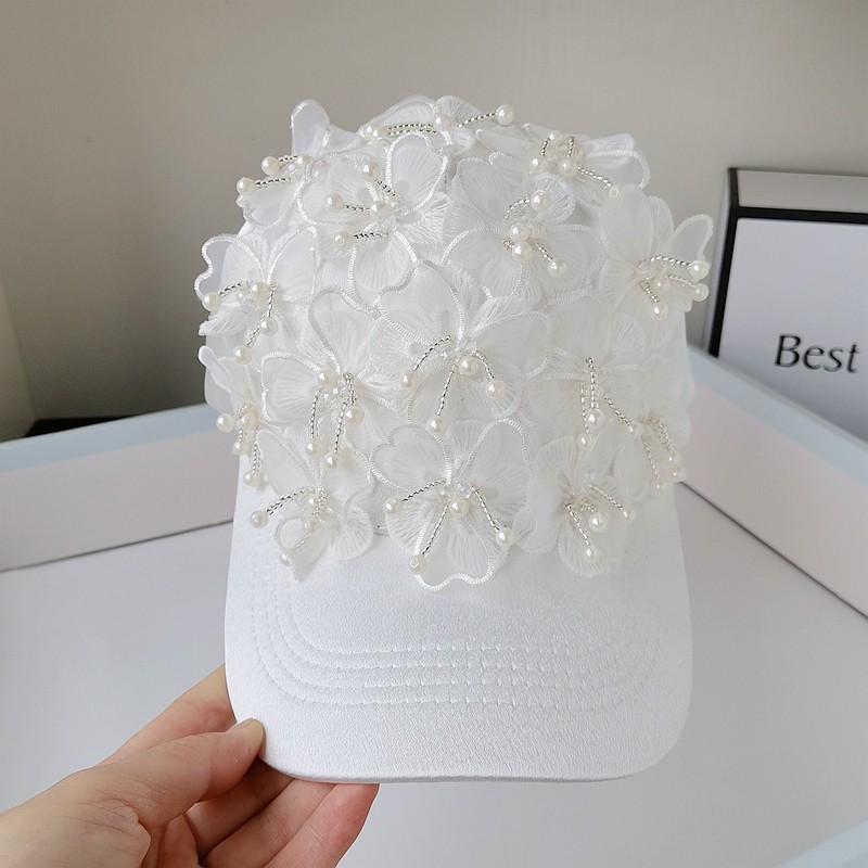 蕾丝花朵帽子女春夏缎面丝光棒球帽甜美珍珠鸭舌帽出游防晒遮阳帽