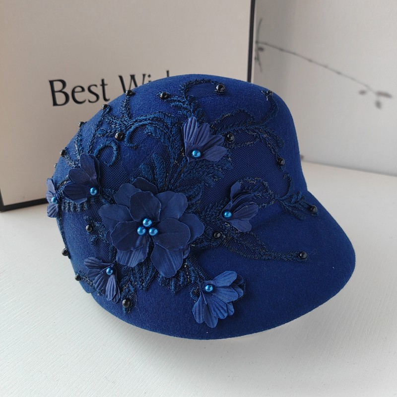 亮片花朵羊毛呢鸭舌帽女士时尚百搭高顶显脸小马术帽呢子小礼帽子