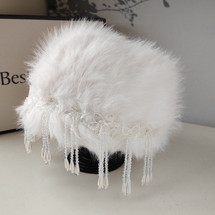 白色毛绒帽子女秋冬水晶珍珠流苏优雅轻奢保暖风雪帽抗寒雷锋帽子