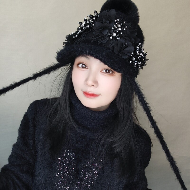 秋冬保暖毛毛帽女时尚水钻棒球帽