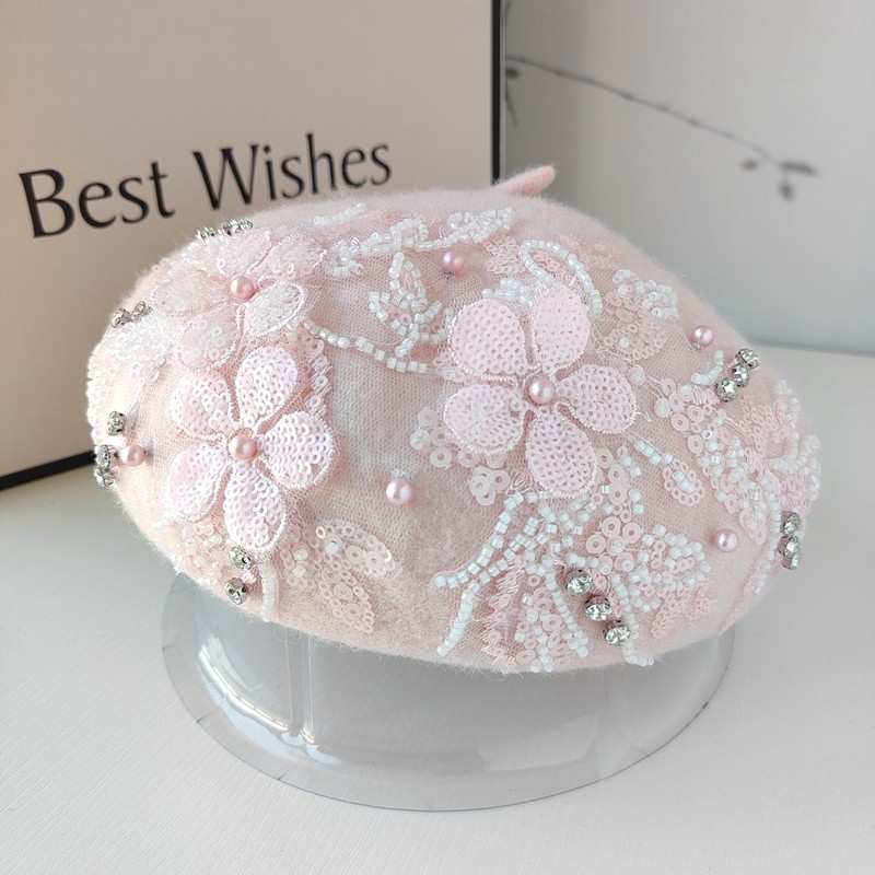 甜美粉色珍珠立体花朵贝雷帽女秋冬洋气百搭羊毛蓓蕾帽子冬天新款