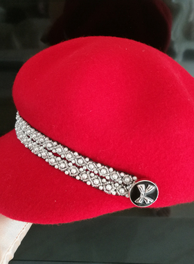 秋冬季新款帽子女红色羊毛鸭舌帽英伦复古羊毛呢八角帽圆脸显瘦帽