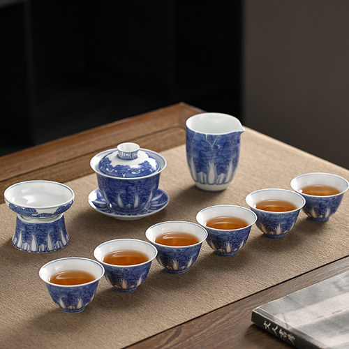 整套功夫茶具青花盖碗茶杯套装