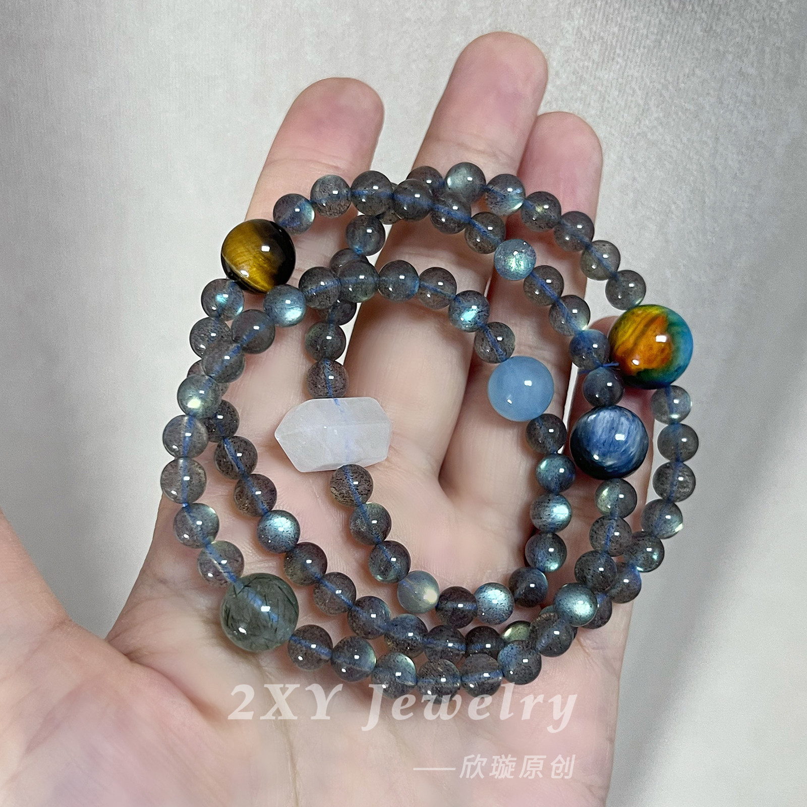 2XY天然灰月光石海蓝宝手串三层多圈水晶手链小众精致高颜值虎眼