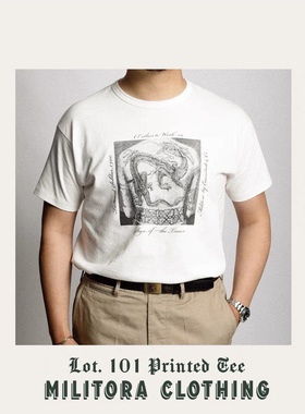 Militora101短袖夏季复古重磅宽松合身印花圆领咔叽无缝桶织T恤衫
