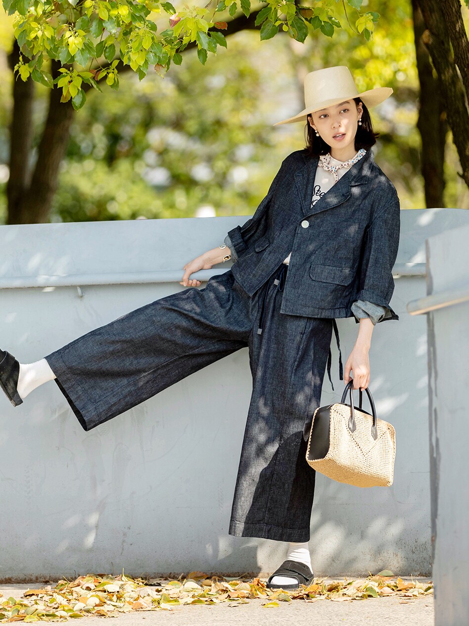 caicaicai 23ss女士抽绳宽松冈山牛仔阔腿裤