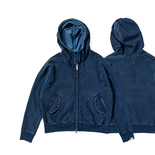 GOODYARN 秋冬靛蓝重洗水NDIGO横纹编织养牛丹宁连帽防风机车卫衣