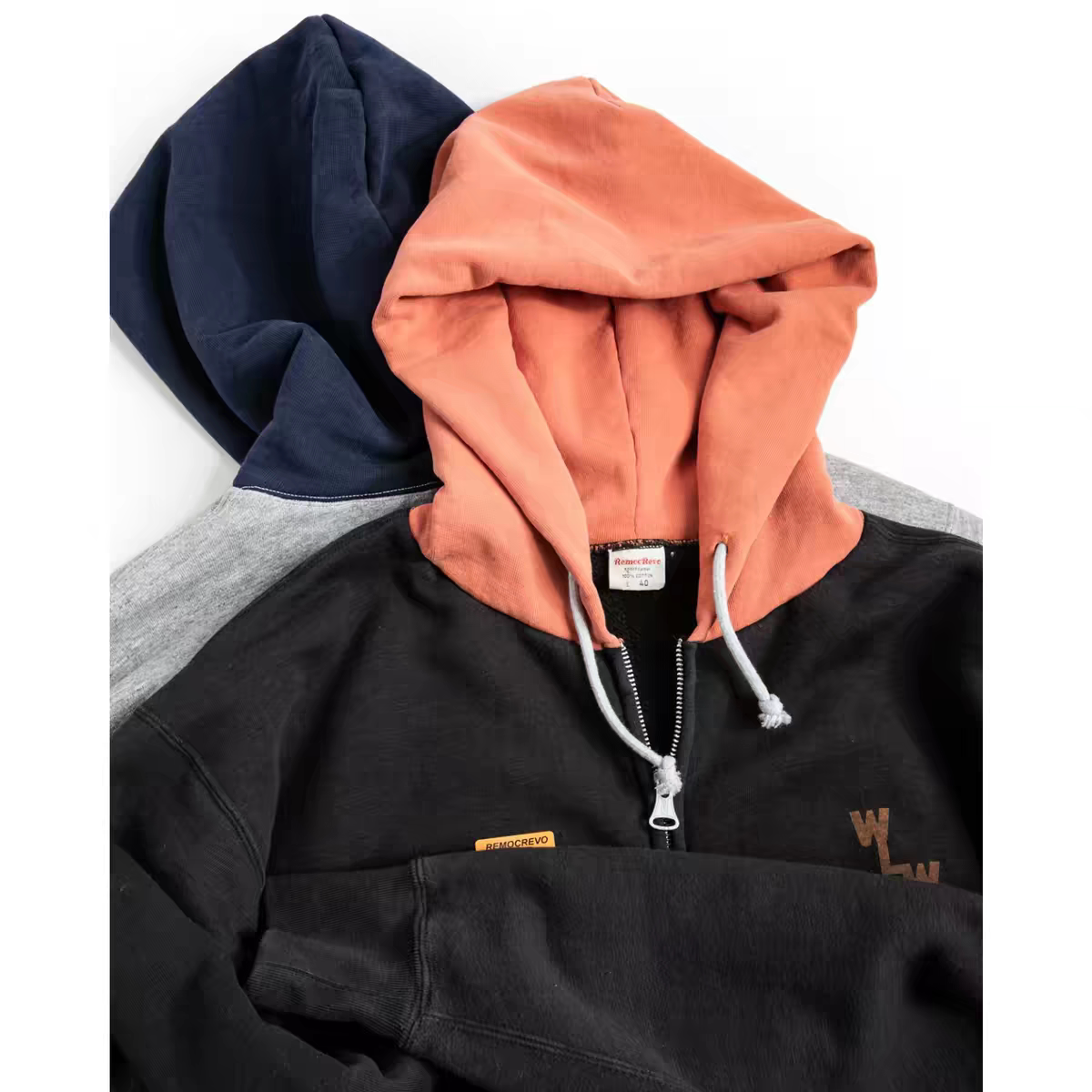 REMOCREVO Zip Sweater Hoodie 拉链拼色带帽卫衣