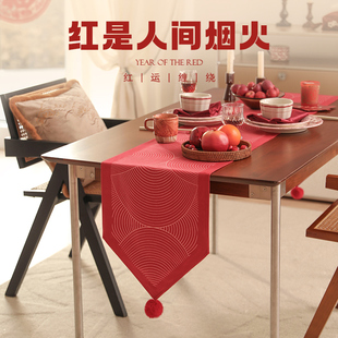 结婚电视柜斗柜盖布 新年桌旗茶桌布长条轻奢高级感红色茶旗中式
