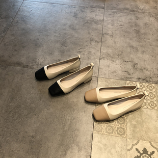 2024春季 韩版 女单鞋 新款 时尚 英伦风简约百搭方头色拼接低跟女鞋