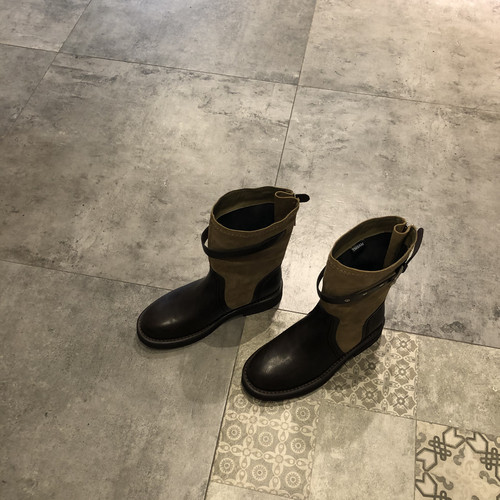 皮带扣色拼接女中跟骑士靴百搭