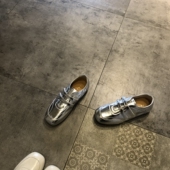 韩版 真皮舒适平底懒人小皮鞋 银色方头深口单鞋 女低跟魔术贴休闲鞋