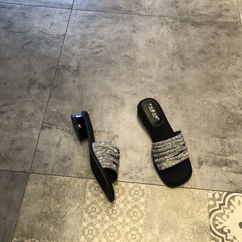 布面方跟性感水钻绑带拖鞋