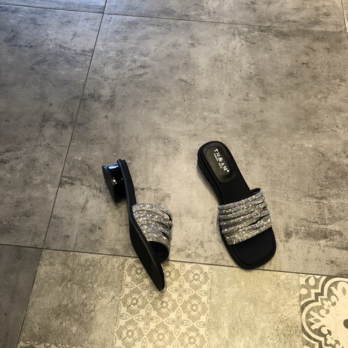 布面方跟性感水钻绑带拖鞋