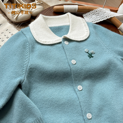 秋冬女童羊绒衫娃娃领开衫毛衣厚