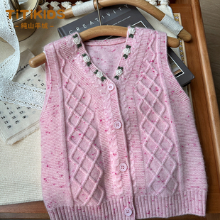 女童羊绒马甲开衫秋冬新款粉色点纱绣花V领针织背心儿童毛衣外套