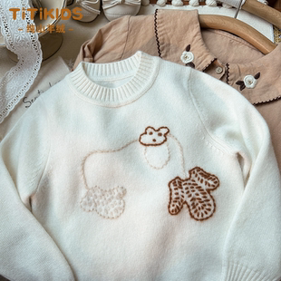儿童羊绒衫秋冬女孩宝宝圆领套头打底衫白色绣花加厚新款女童毛衣