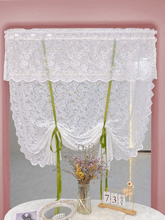法式田园风绿色白纱美式蕾丝提拉窗帘升降纱帘免打孔隔断半帘门帘