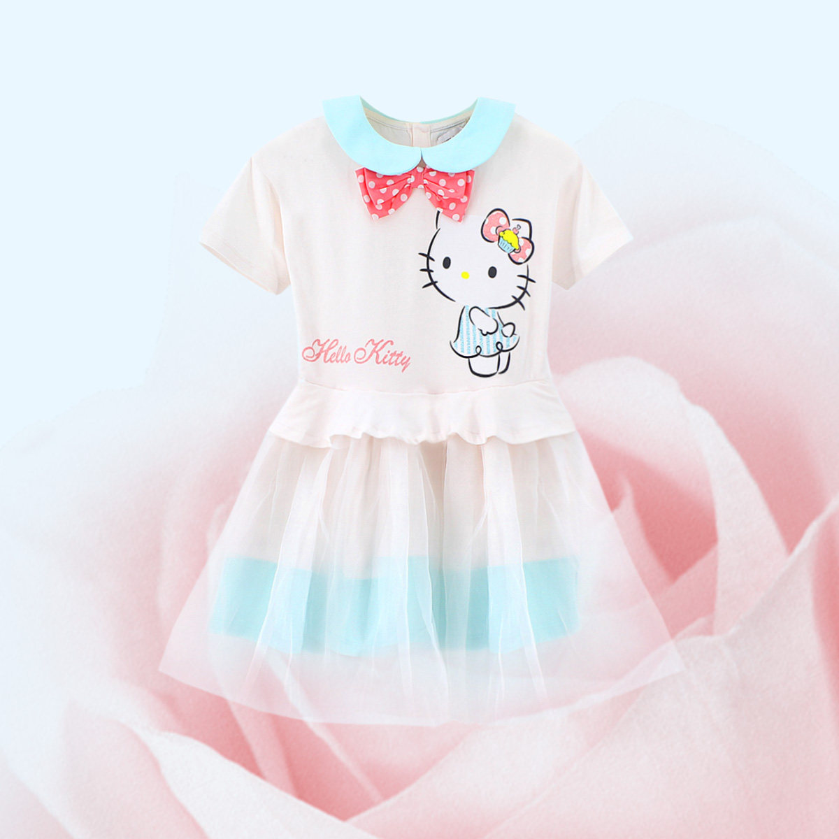 hellokitty童装女童圆领夏季连衣裙时尚儿童薄纱短袖裙凯蒂猫裙子
