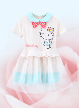hellokitty童装女童圆领夏季连衣裙时尚儿童薄纱短袖裙凯蒂猫裙子