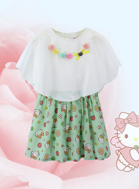 hellokitty童装女孩梭织连衣裙卡通凯蒂猫夏季中大童百褶印花裙子