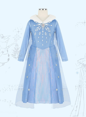 迪士尼秋冬公主裙冰雪奇缘女童长袖爱莎女王加绒连衣裙斗篷披风仙