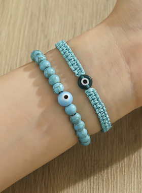 亚马逊热销恶魔之眼手链邪恶眼睛绿松石穿珠叠戴弹力可调节手串