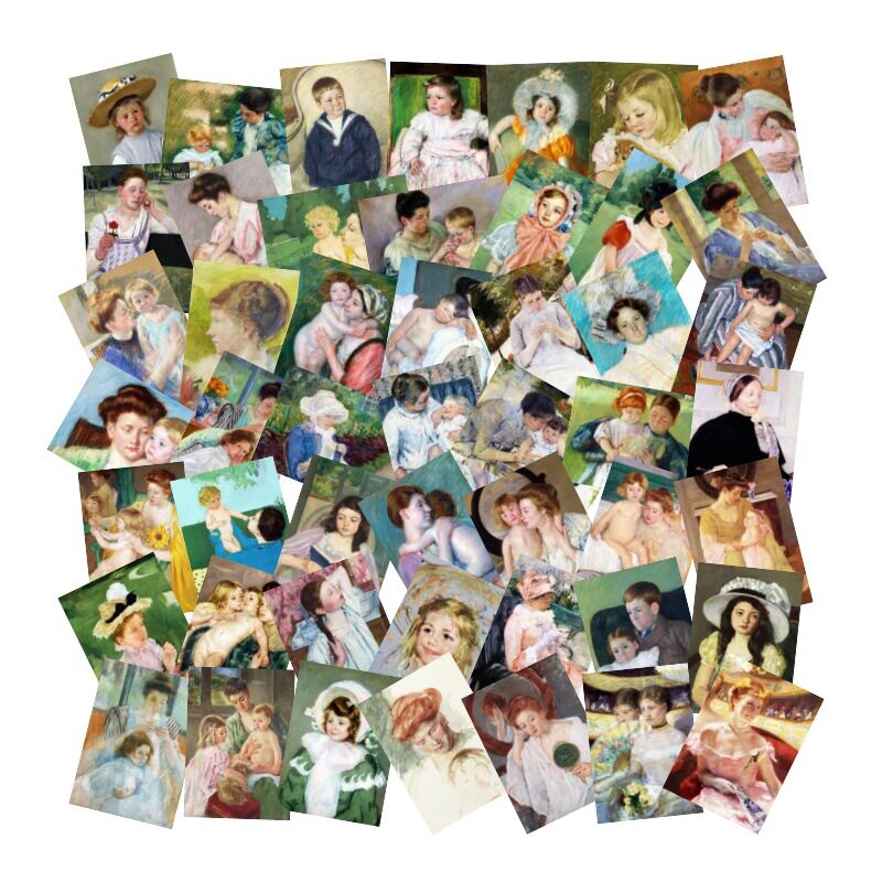 50张玛丽卡萨特亲子母子亲情油画滑板冰箱行李箱电瓶车吉他涂鸦