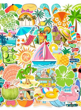 50张夏日海滩度假涂鸦贴纸旅行箱手机壳平板吉他音箱水杯防水