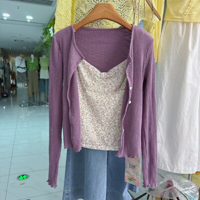 韩系温柔气质两件套上衣女清新小碎花吊带+薄款紫色针织开衫1171